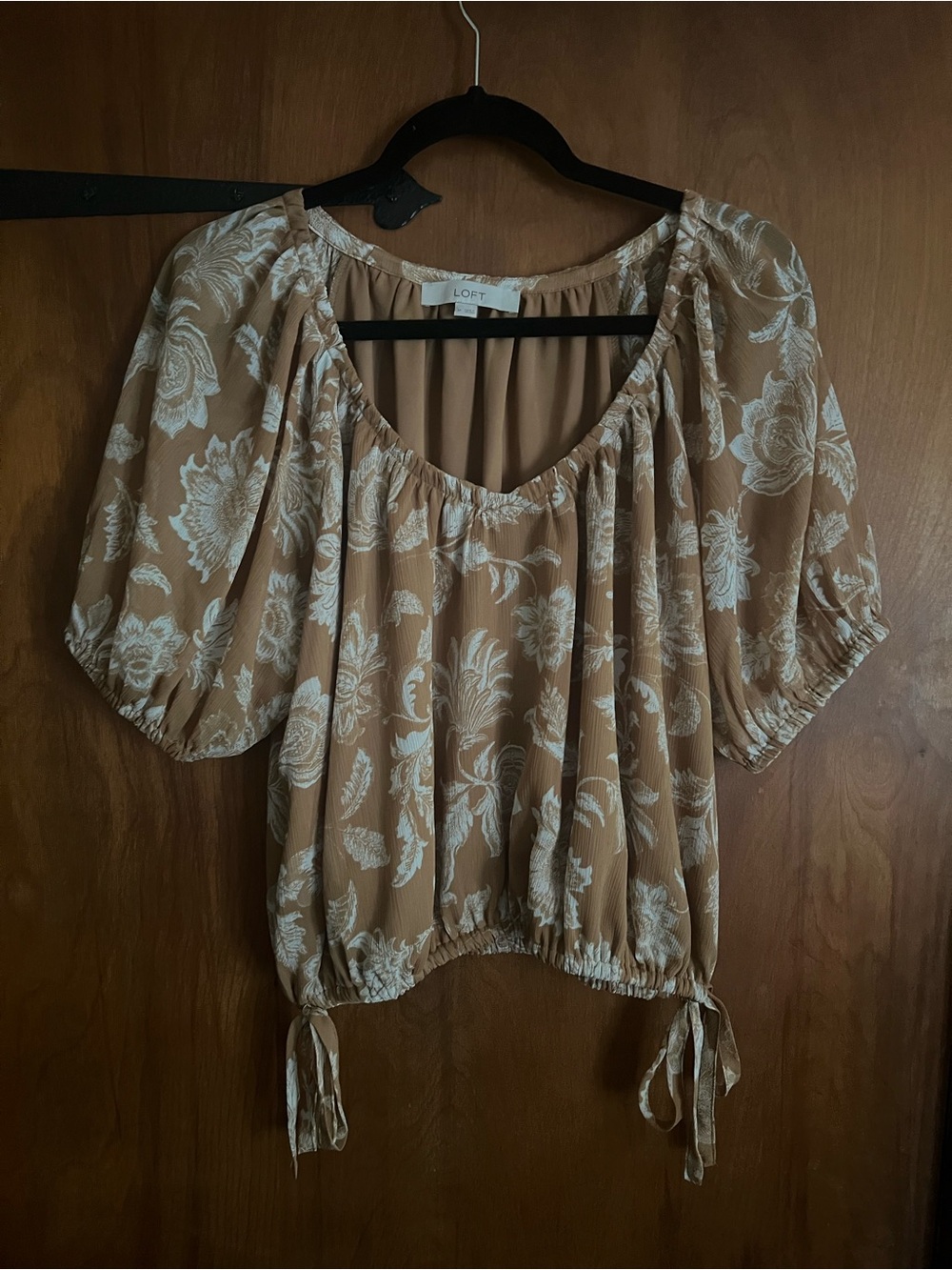 LOFT Tan Floral Drawstring Peasant Blouse
